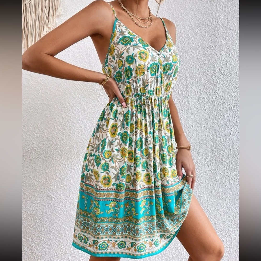 New Bohemian Floral Vacation Spaghetti Strap Sleeveless A Line Cami Dress Sz 6 - Picture 9 of 11